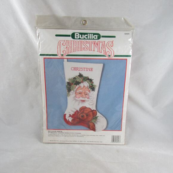 Bucilla Victorian Santa Teddy Bear Counted Cross Stitch Stocking Kit New Sealed - Picture 2 of 5
